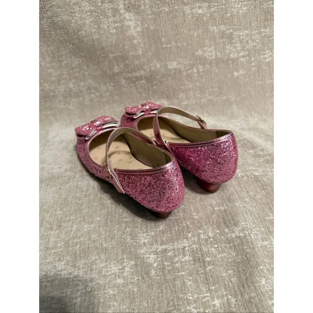 Pandaninja Girls Ruby Glittery Bow Block Heels Mary Jane Dress Shoes Pink Size 5